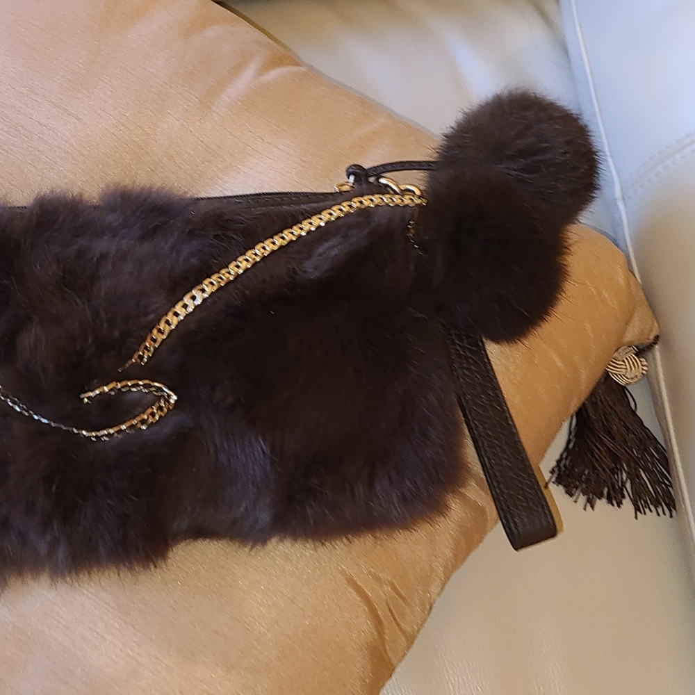 Diane Gail fur clutch bag/wristlet with leather trim & chain strap & zip top